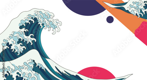 Modern artistic background combining the classic Japanese great wave with abstract geometric shapes in a contemporary collage style.