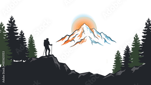 Mountain Adventure Landscape with Hiker Silhouette Illustration، mountain landscape, adventure illustration, hiking concept, hiker silhouette, outdoor adventure, nature scenery, mountain peak, 