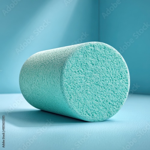 A single textured cyan cylinder rests on a pale blue surface. Dramatic lighting creates stark shadows.