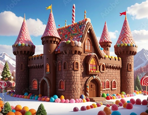 Whimsical chocolate castle in a wintery landscape, candy accents