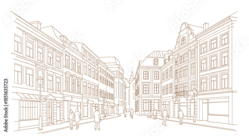 Detailed line art illustration of a charming European city street with historic buildings, storefronts, and people walking, in a monochrome style.