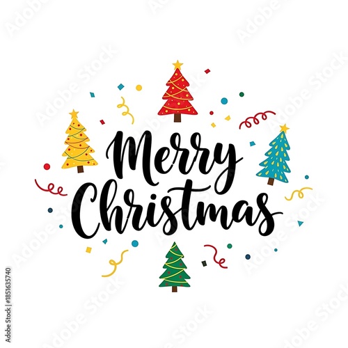 Festive merry christmas calligraphy with colorful tree illustrations