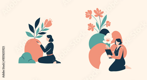 Modern flat vector illustrations of a female artist creating art, surrounded by abstract shapes and flowers in a warm, muted color palette.