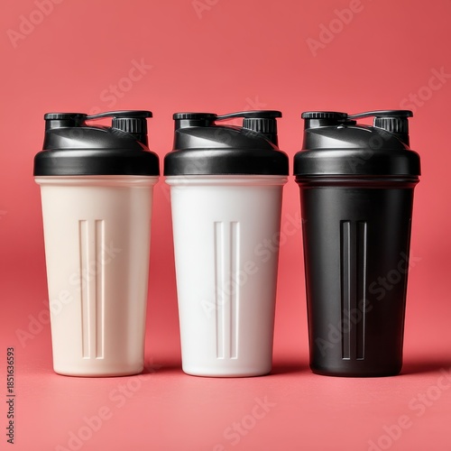 Wallpaper Mural Three sports shaker bottles in black white and beige colors with black caps. Torontodigital.ca