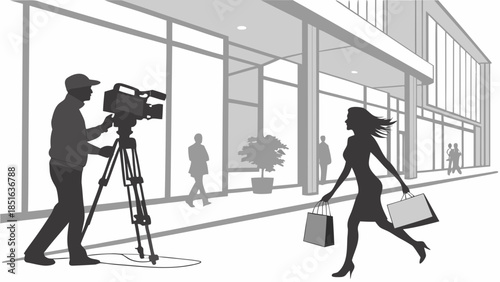 Silhouette of a cameraman filming a woman with shopping bags outside a modern building.