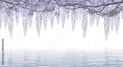 Serene illustration of hanging purple wisteria flowers reflected in calm water with ripples, creating a peaceful and beautiful scene.