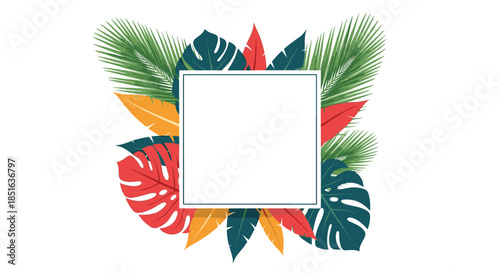 Modern square frame decorated with colorful textured tropical leaves and foliage, creating a vibrant, exotic border for summer designs.