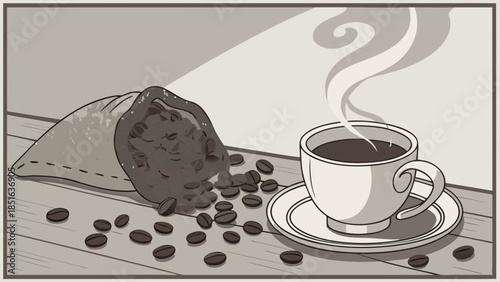 Steaming hot coffee cup with scattered roasted beans.