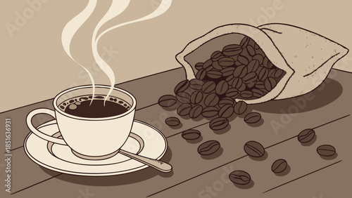 Steaming hot coffee cup with scattered roasted beans on a wooden table a classic morning beverage scene.