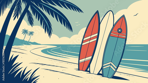 Surfboards on a tropical beach with palm trees and ocean waves 1.
