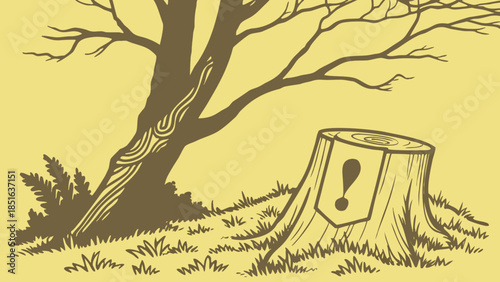 Tree Stump and Tree in a Field with an Exclamation Mark.