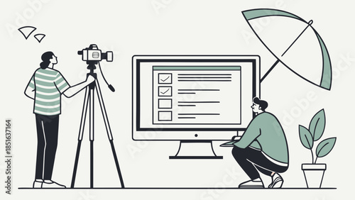 Two people working on a video production set with a camera computer and lighting equipment.