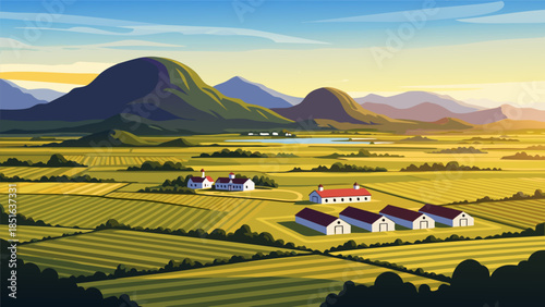Rural Landscape with Farm Buildings and Rolling Hills Under a Warm Sunset Sky