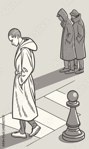 A lone figure in a trench coat walks past a chess pawn with two other figures in the background.