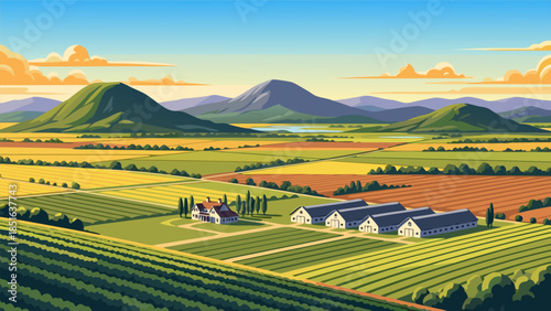 Vast Agricultural Landscape Under a Sunny Sky with Rolling Hills and Farm Buildings