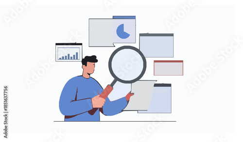 Search and research information concept with magnifying glass flat vector illustration