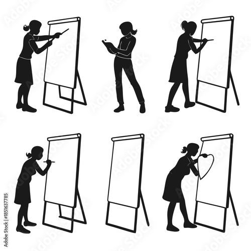 Silhouettes of people interacting with a whiteboard