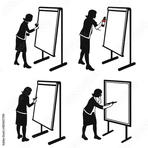 Silhouettes of people interacting with a whiteboard