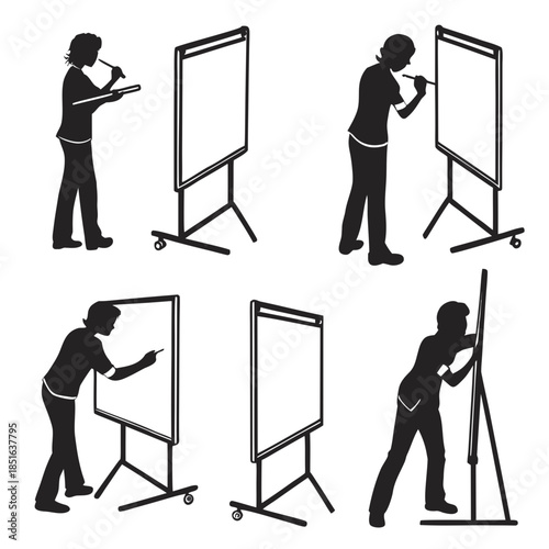 Silhouettes of people using a whiteboard