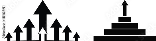 Black and white graphic illustration of growing arrows and blocks