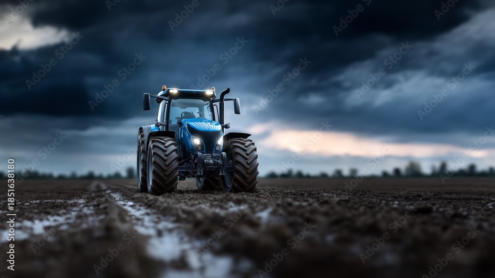 Obraz premium Blauer Traktor steht dramatisch vor stürmischem Gewitterhimmel bei Sonnenuntergang