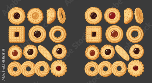 Pixel art collection of various classic biscuits and jam-filled cookies, showcasing different shapes and types in a retro gaming style.