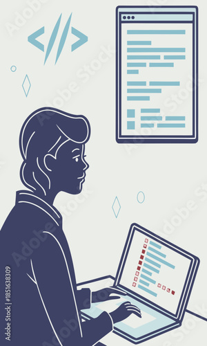 Dedicated programmer coding on laptop with digital code elements.