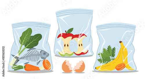 Vector illustration of organic waste for composting, sorted into clear plastic bags with food scraps like fruit peels and fish bones.