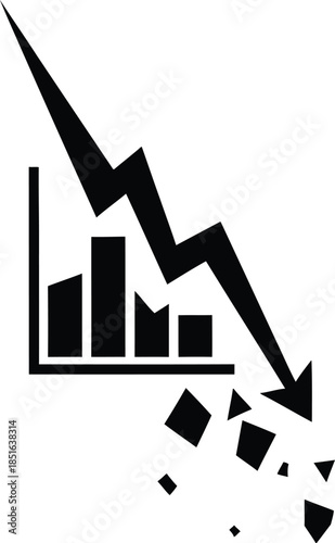 Declining graph with falling bars and lightning bolt