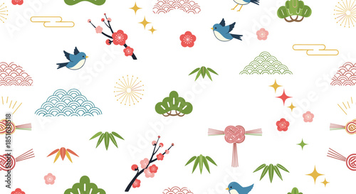 Seamless and colorful Japanese pattern with traditional lucky charms like plum blossoms, birds, pine, and bamboo for New Year's.