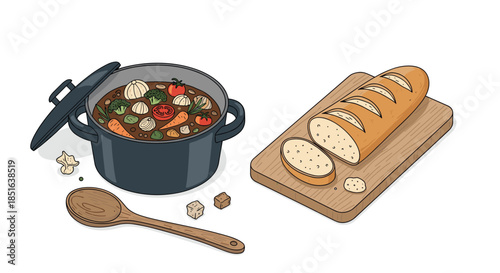 Cozy hand-drawn illustration of a warm vegetable stew in a pot, served with sliced bread on a cutting board and a wooden spoon.