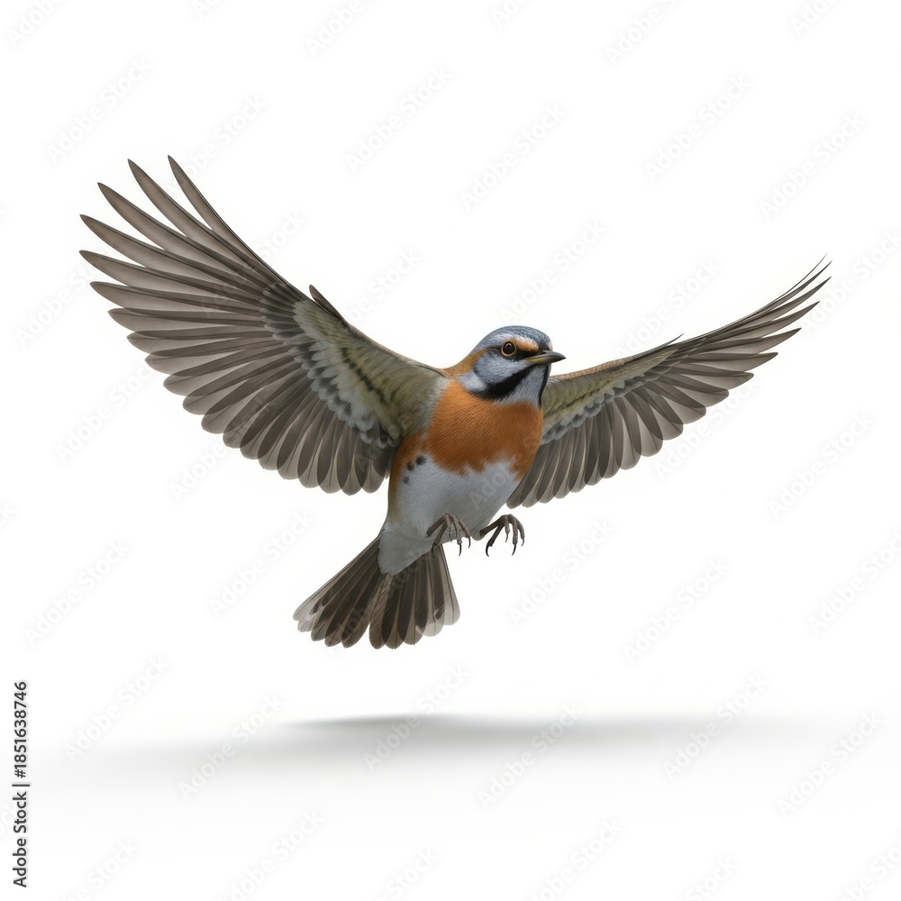 Fototapeta premium Small bird in flight with wings extended on isolated on white background
