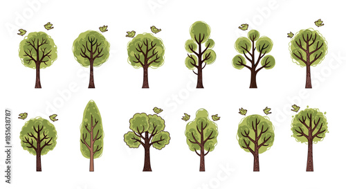 Collection of twelve stylized green trees in various shapes and sizes with a textured effect, perfect for nature and landscape design.