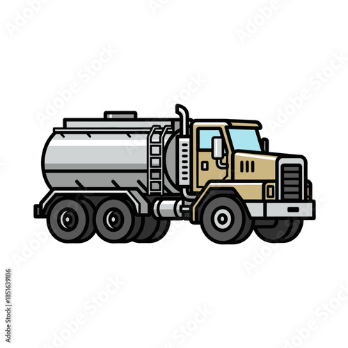 Illustration of a large beige and tan tanker truck with multiple wheels.