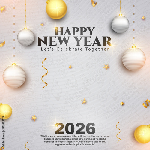 Happy New Year 2026 Greeting Card with White and Gold Baubles, Elegant 2026 New Year Celebration Background with Golden Stars and Ribbons, Minimalist Happy New Year 2026 Poster with Realistic Gold Han
