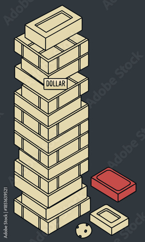 Jenga game tower with bricks and a small clock.