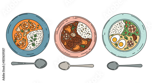 Top-down illustration of three different types of Asian curry rice served in colorful bowls with spoons, in a clean line art style.