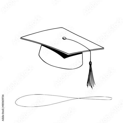 A simple line drawing of a graduation cap with tassel and a curved line below the cap illustration