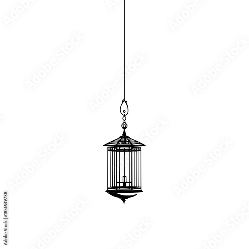 Hanging decorative birdcage with intricate design and thin vertical bars in a minimalist style image design