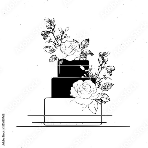 Three tier cake decorated with roses and foliage in black and white line art illustration style design