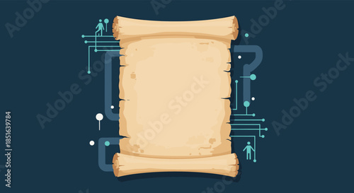 Conceptual illustration combining an old parchment scroll with a modern digital network, representing the evolution of information.