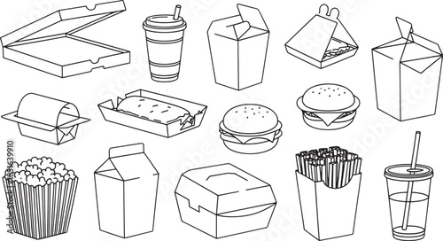 Fast Food Takeout Meal Icons Set Line Vector Minimalist Restaurant Food