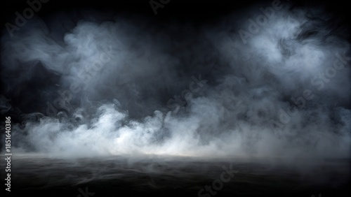 Dramatic smoke filling dark room with mysterious fog
