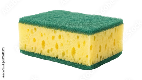 Yellow and green dish sponge isolated PNG, cleaning tool for washing dishes and household chores on transparent background
