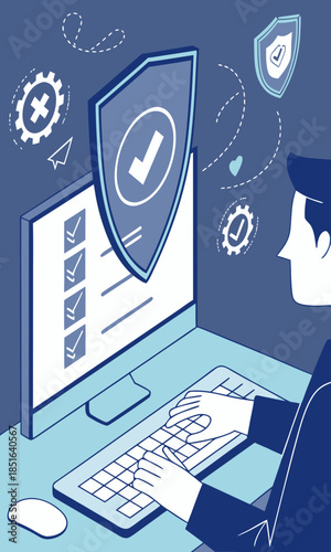Man working on computer with security shield and checkmarks illustrating data protection and online safety.