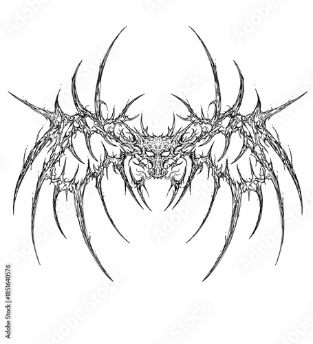 Dragon head with spiked biomechanical wings in neo-tribal gothic line art style, dark and aggressive, ideal for tattoo designs, dark apparel prints, and fantasy branding.