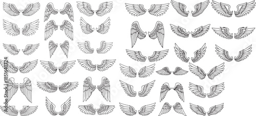 Angel wing doodle art drawn icon set. Outline drawing angel wings line clipart symbol collection