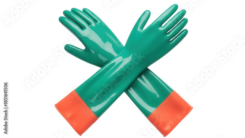 Pair of green and orange rubber gloves isolated PNG, protective gear for cleaning and gardening on transparent background
