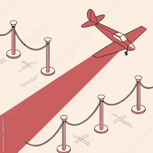 Vintage Airplane Taking Off from Runway with Stanchions.