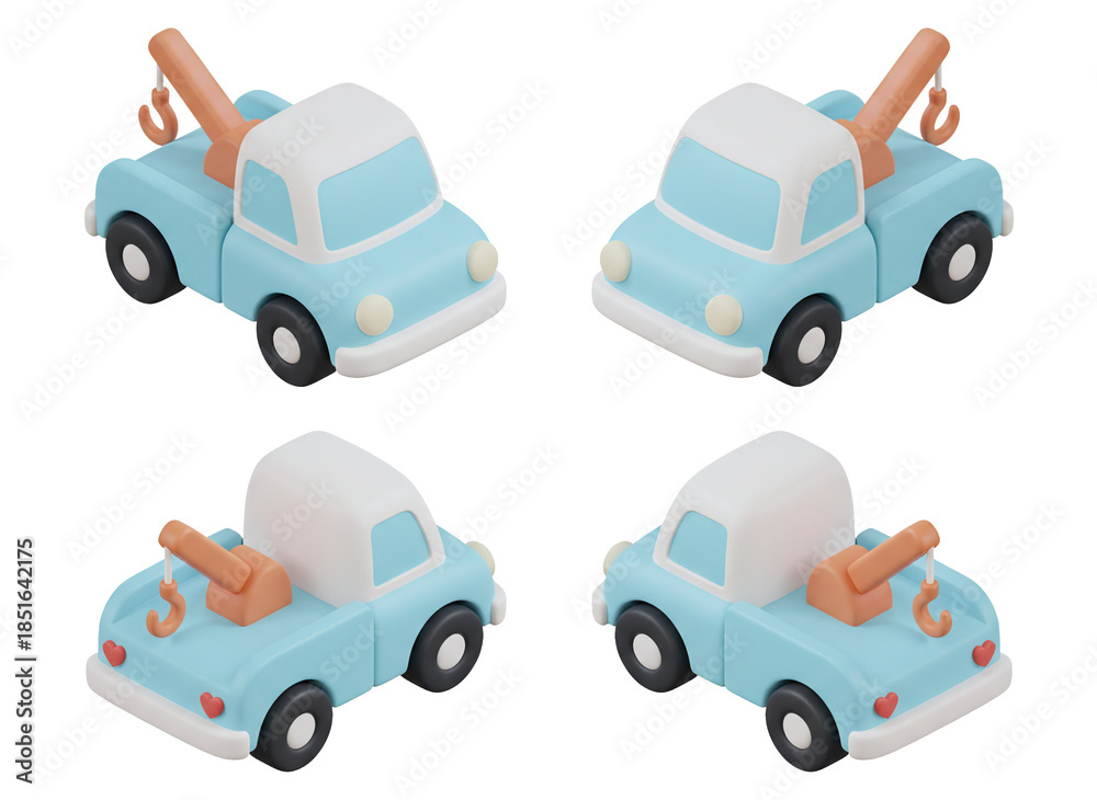 Naklejka premium Set of 4 Isometric Cute Blue Tow Truck Icons